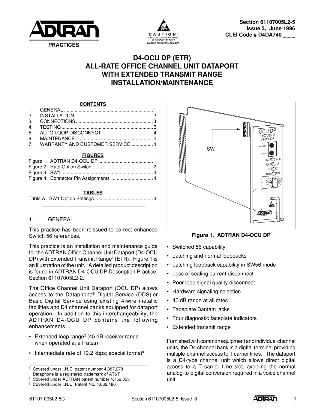 ADTRAN D4-OCU warranty L2-5 Issue 3, June Clei Code # D4DA740, Practices, General, Ocu 