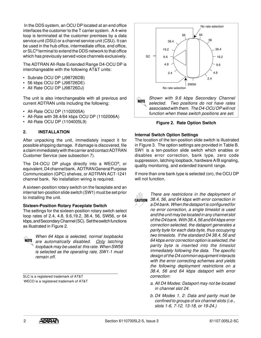 ADTRAN D4-OCU warranty Installation, Sixteen-Position Rotary Faceplate Switch 