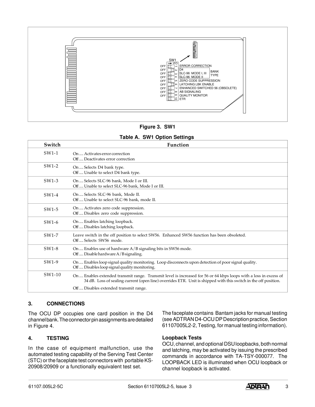 ADTRAN D4-OCU warranty Table A. SW1 Option Settings, Connections, Testing, Loopback Tests 