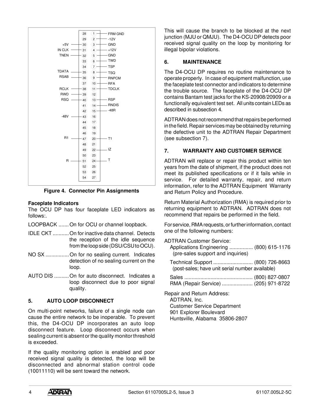 ADTRAN D4-OCU warranty Auto Loop Disconnect, Maintenance, Warranty and Customer Service 