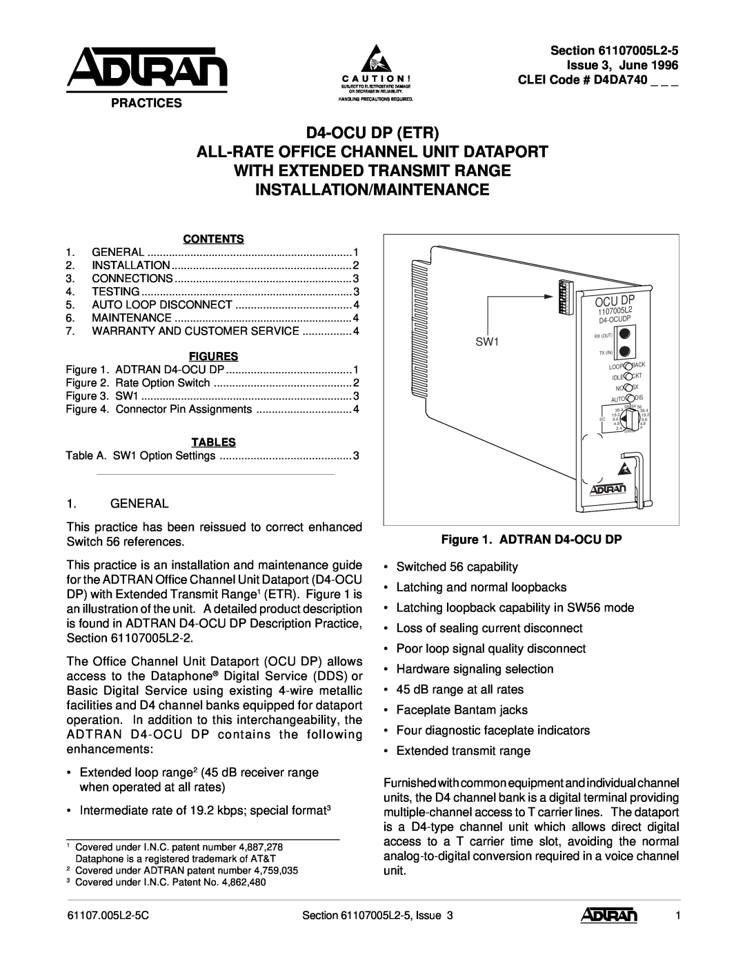 ADTRAN warranty L2-5 Issue 3, June CLEI Code # D4DA740, Practices, ADTRAN D4-OCU DP 
