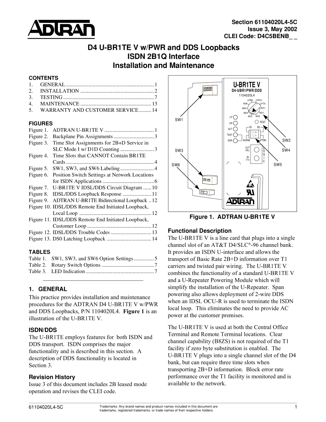 ADTRAN D4 U-BR1TE V warranty L4-5C Issue 3, May Clei Code D4C5BENB, General, Isdn/Dds, Revision History 