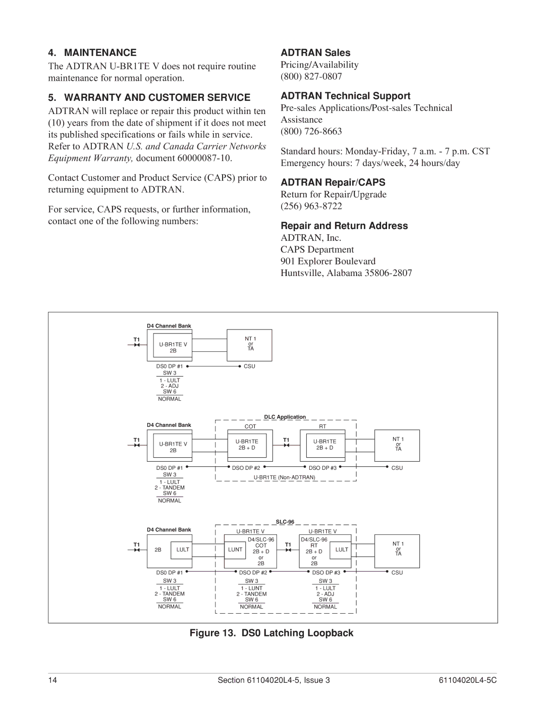 ADTRAN D4 U-BR1TE V warranty Maintenance, Warranty and Customer Service 