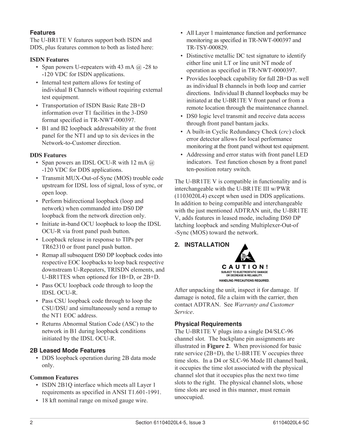 ADTRAN D4 U-BR1TE V warranty 2B Leased Mode Features, Installation, Physical Requirements 