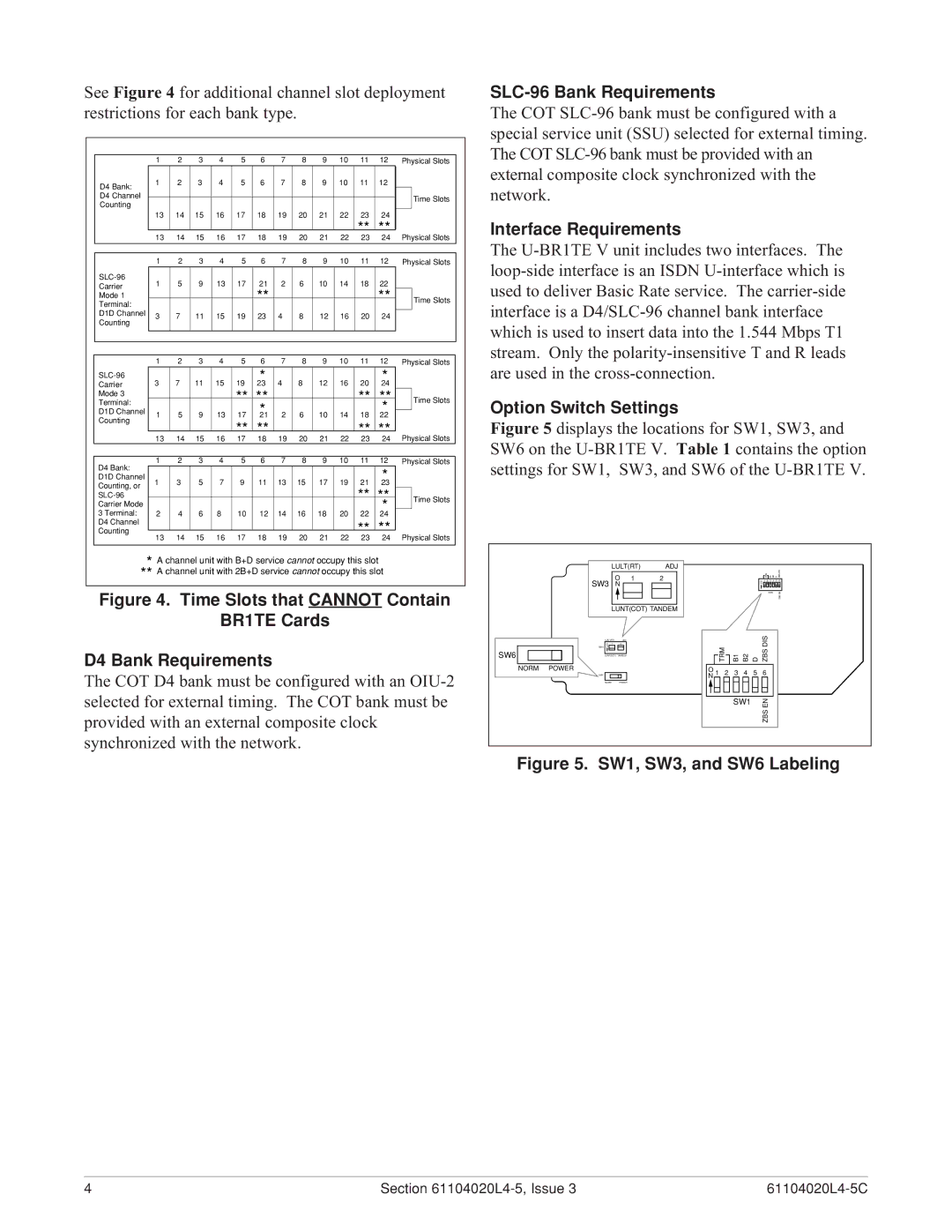 ADTRAN D4 U-BR1TE V warranty SLC-96 Bank Requirements, Interface Requirements, Option Switch Settings 