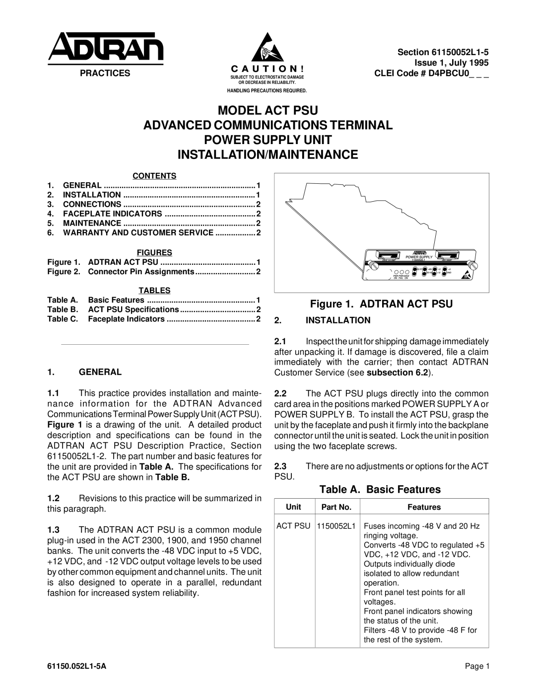 ADTRAN D4PBCU0 warranty Table A. Basic Features, Practices, General, Installation 