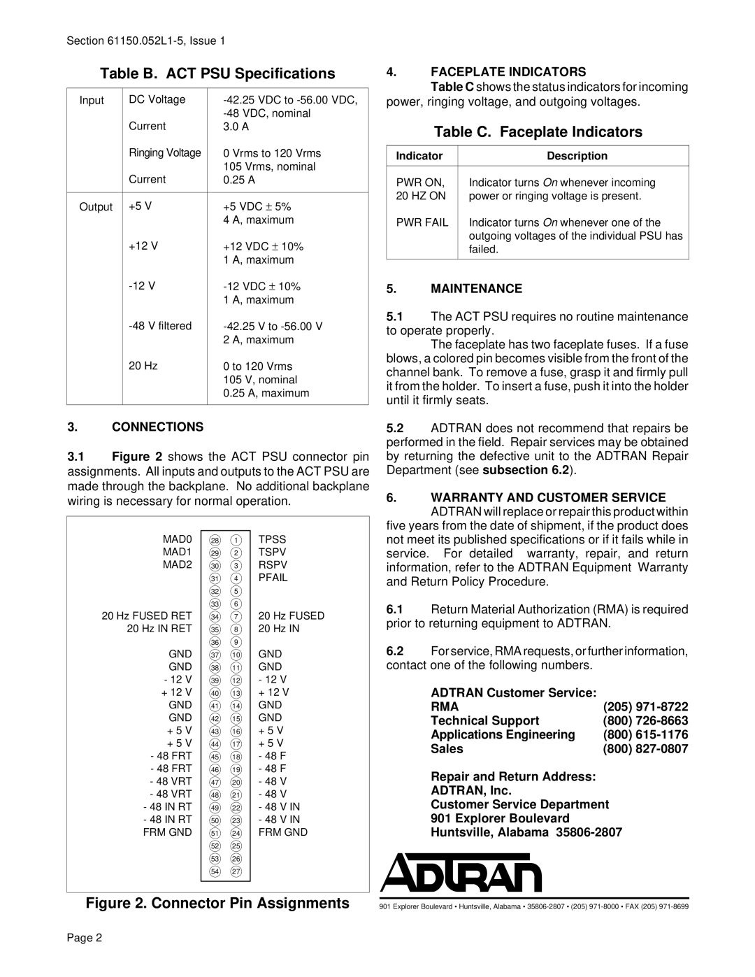 ADTRAN D4PBCU0 warranty Table B. ACT PSU Specifications, Table C. Faceplate Indicators 