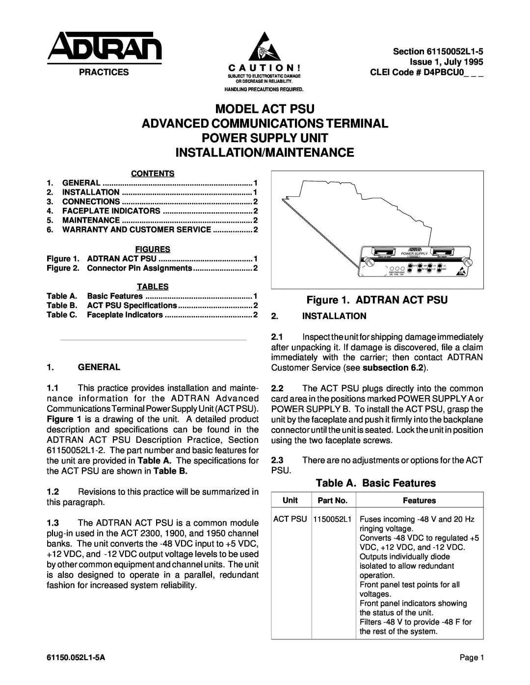 ADTRAN D4PBCU0 warranty Adtran Act Psu, Table A. Basic Features, Installation/Maintenance 