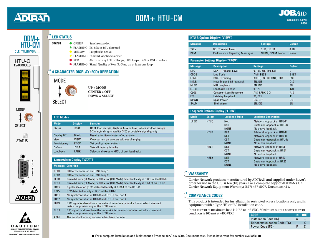 ADTRAN DDM+ HTU-C M warranty FCD Modes, Status/Alarm Display Stat, HTU-R Options Display View 