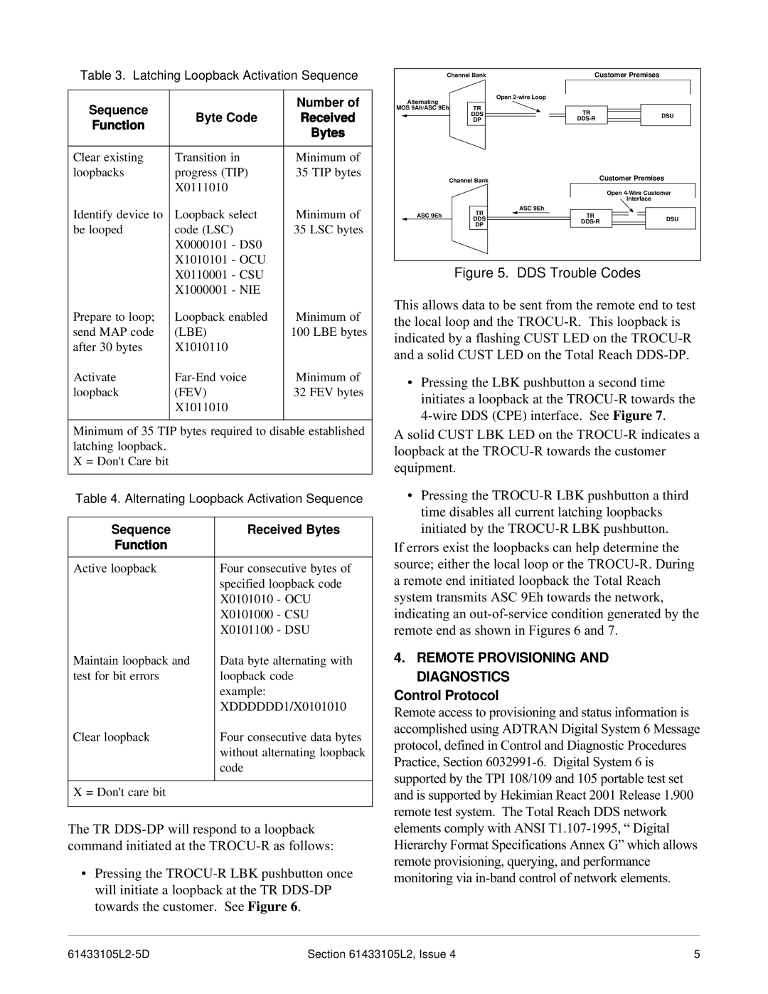 ADTRAN DDS-DP warranty Remote Provisioning and Diagnostics, Control Protocol, Sequence Received Bytes Function 