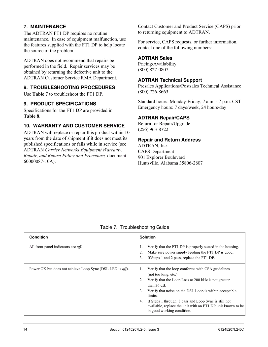 ADTRAN DE-4E specifications Maintenance, Troubleshooting Procedures, Product Specifications, Warranty and Customer Service 