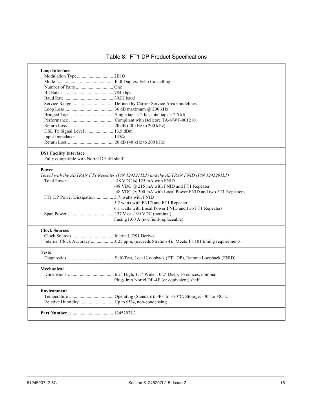 ADTRAN DE-4E specifications FT1 DP Product Specifications 