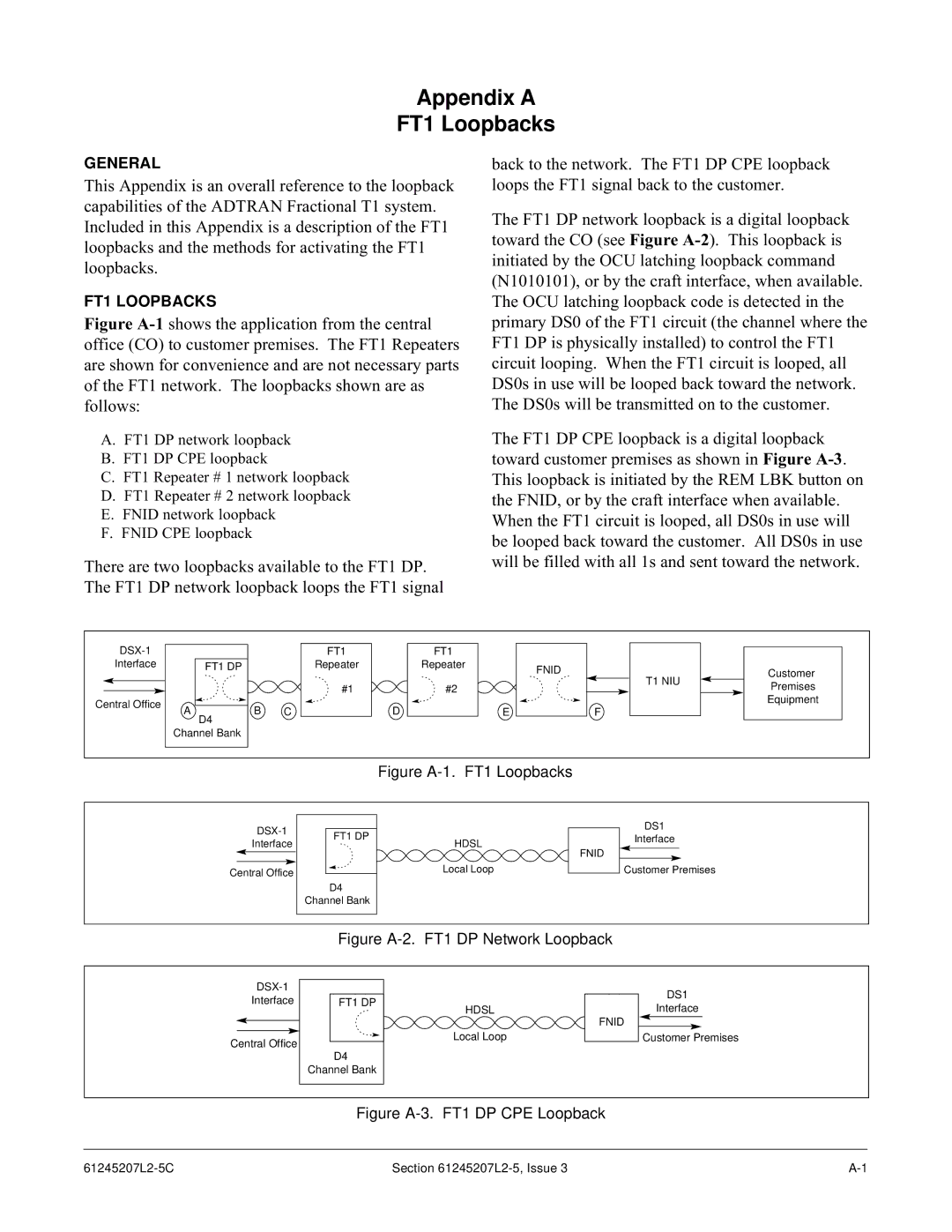 ADTRAN DE-4E specifications Appendix a FT1 Loopbacks 