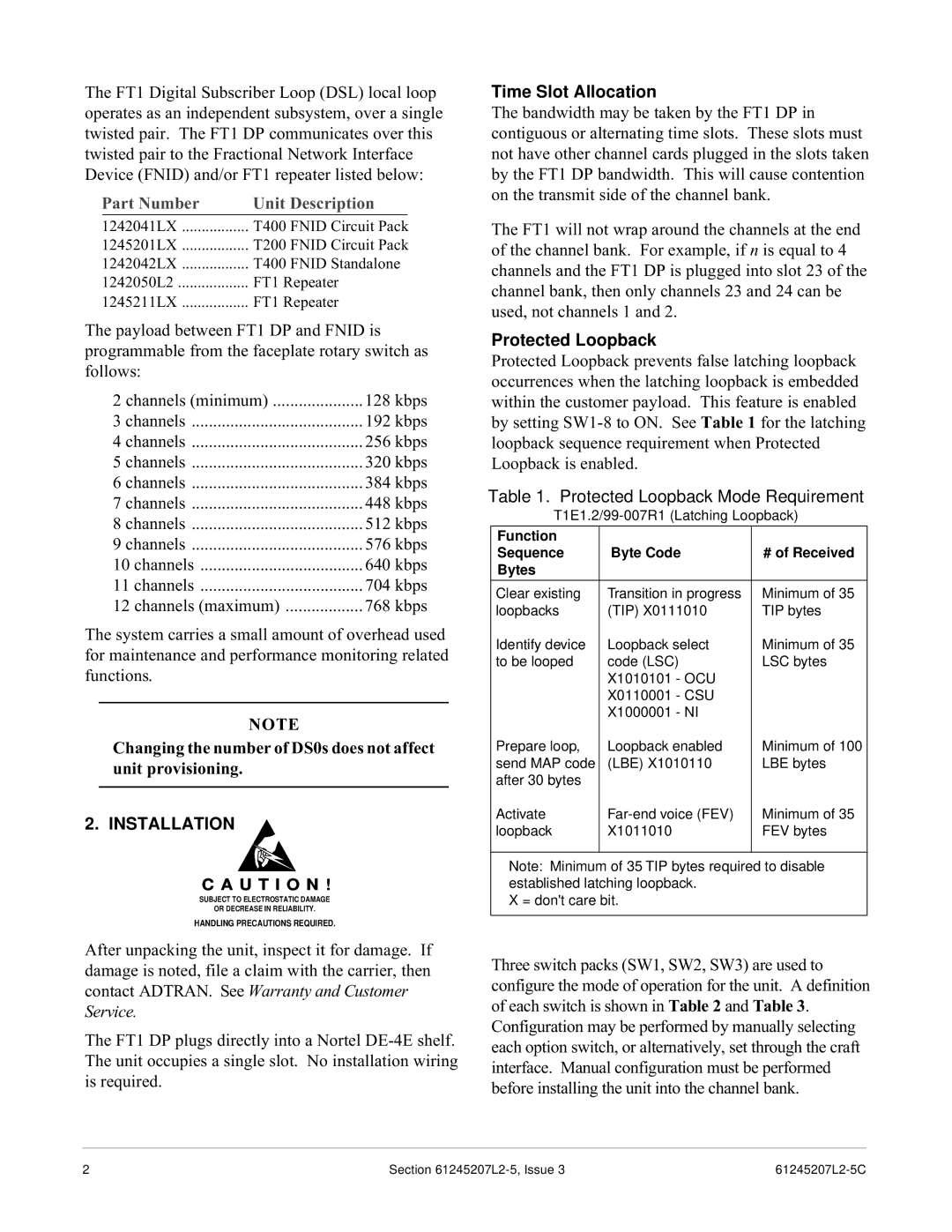 ADTRAN DE-4E specifications Installation, Time Slot Allocation, Protected Loopback Mode Requirement 