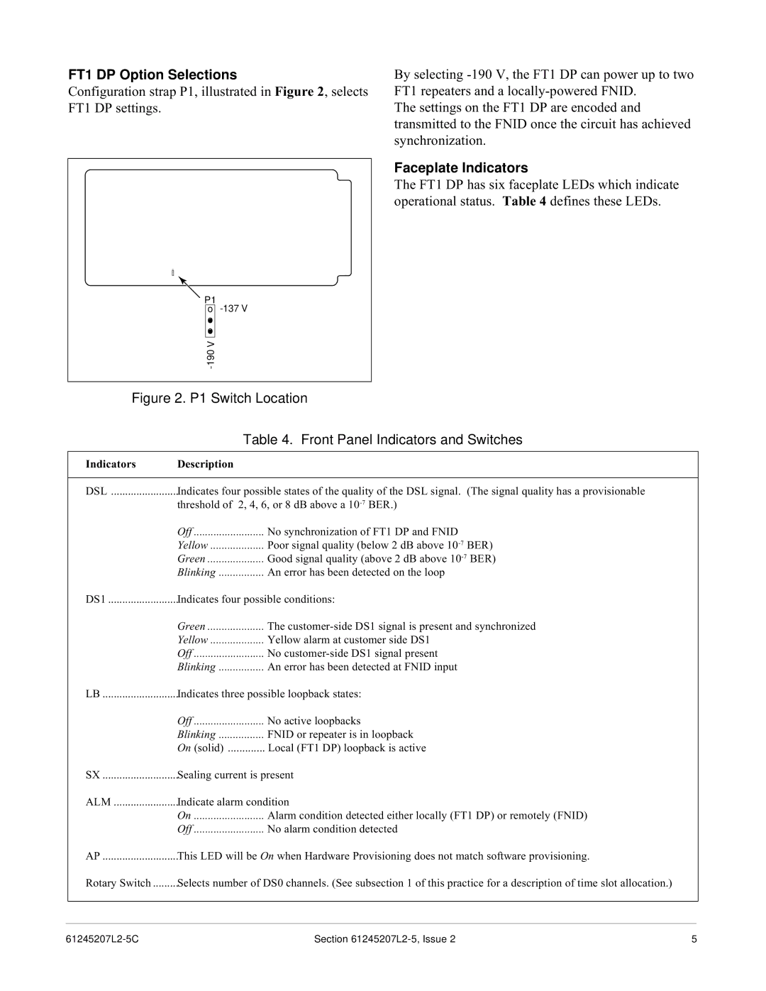 ADTRAN DE-4E specifications FT1 DP Option Selections, Faceplate Indicators, Indicators Description 