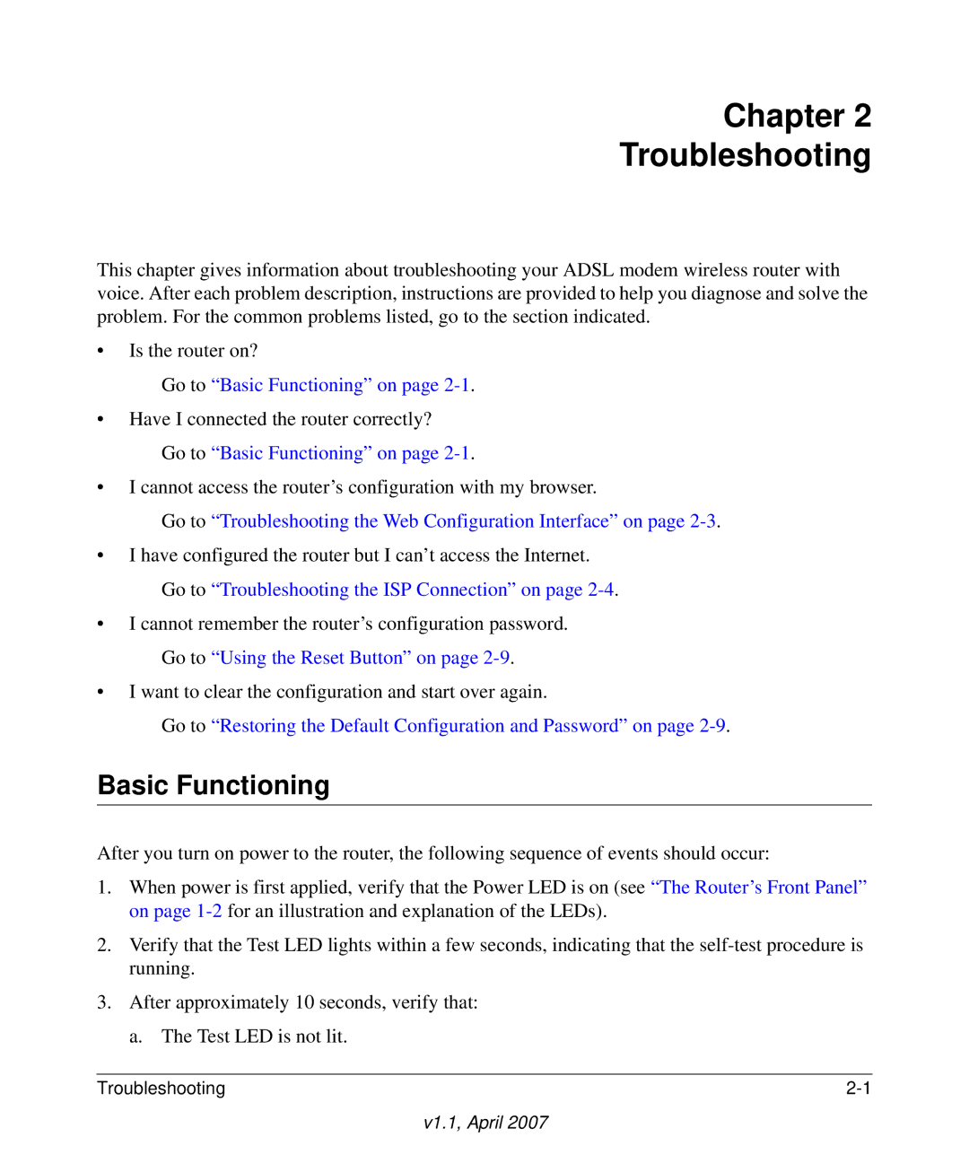 ADTRAN DG834GV manual Chapter Troubleshooting, Basic Functioning 