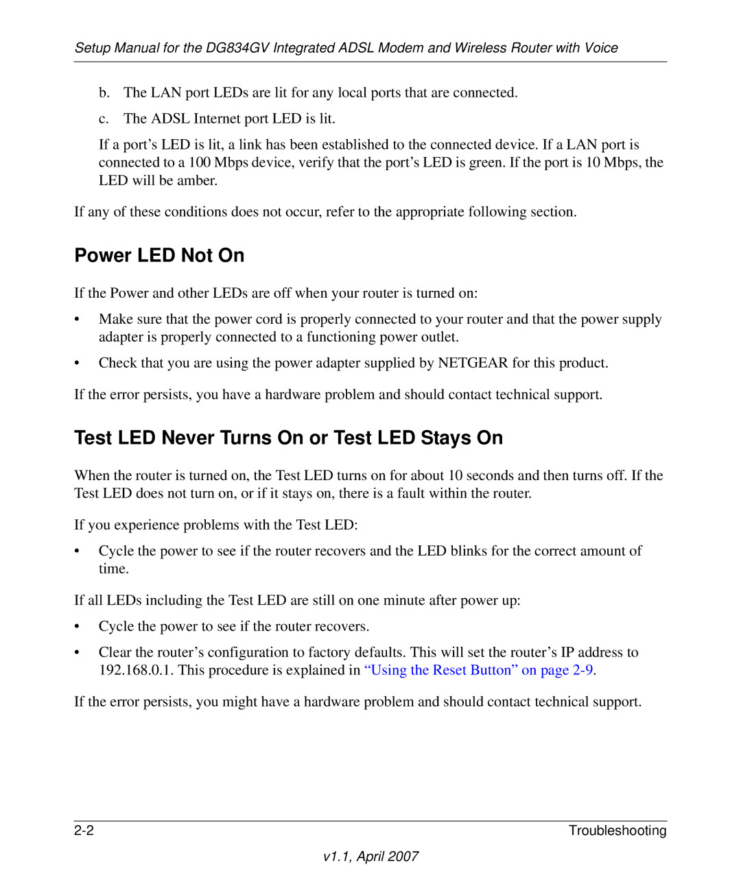 ADTRAN DG834GV manual Power LED Not On, Test LED Never Turns On or Test LED Stays On 