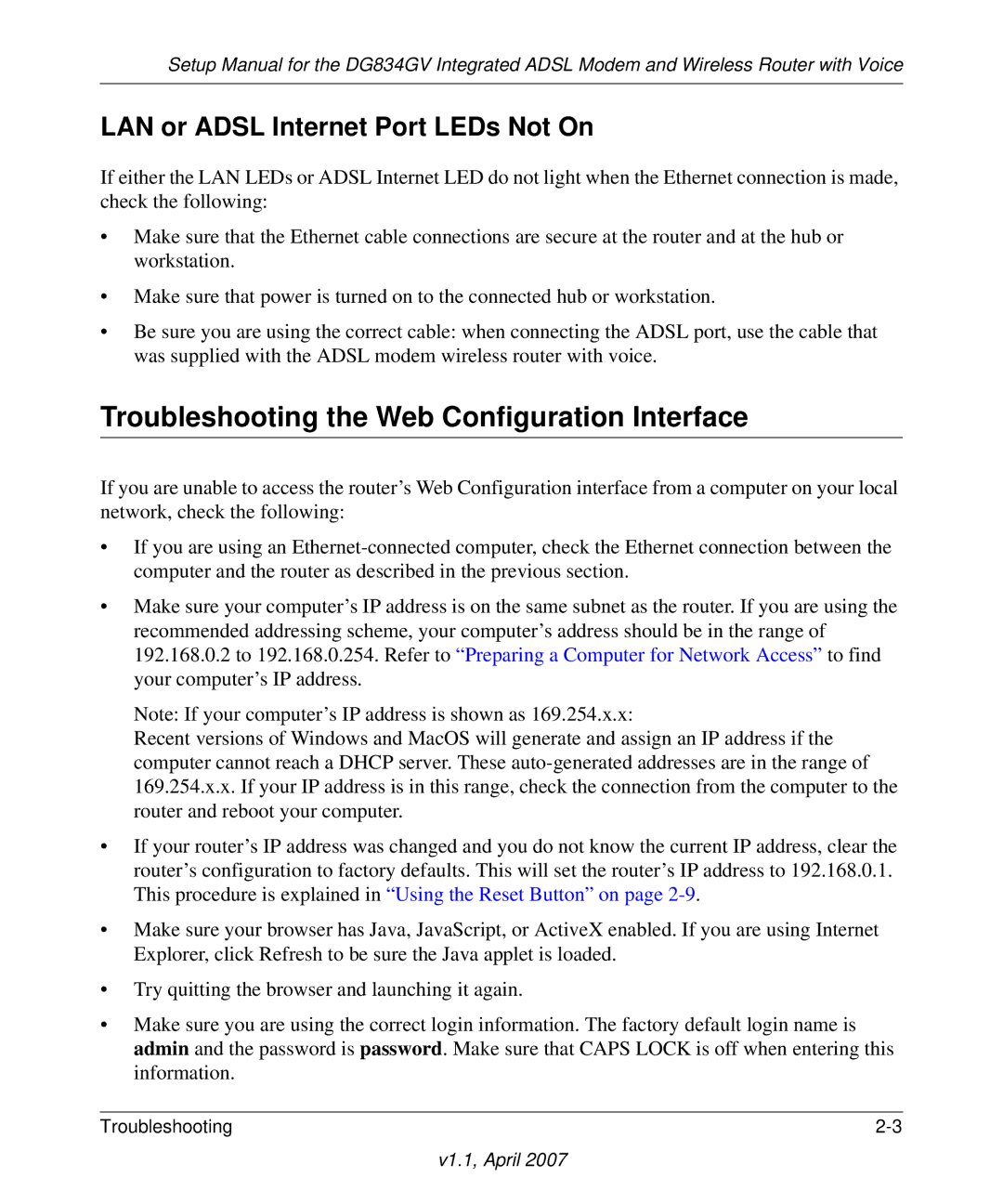 ADTRAN DG834GV manual Troubleshooting the Web Configuration Interface, LAN or Adsl Internet Port LEDs Not On 