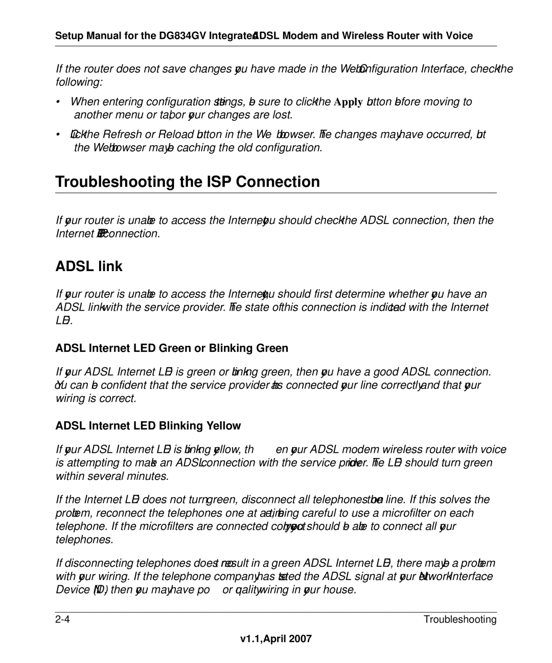 ADTRAN DG834GV manual Troubleshooting the ISP Connection, Adsl link 