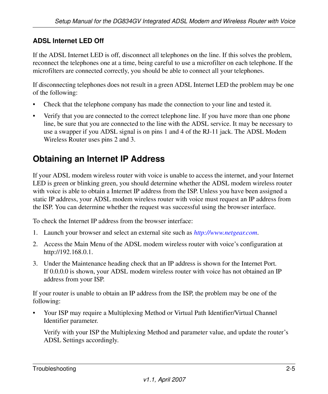 ADTRAN DG834GV manual Obtaining an Internet IP Address, Adsl Internet LED Off 