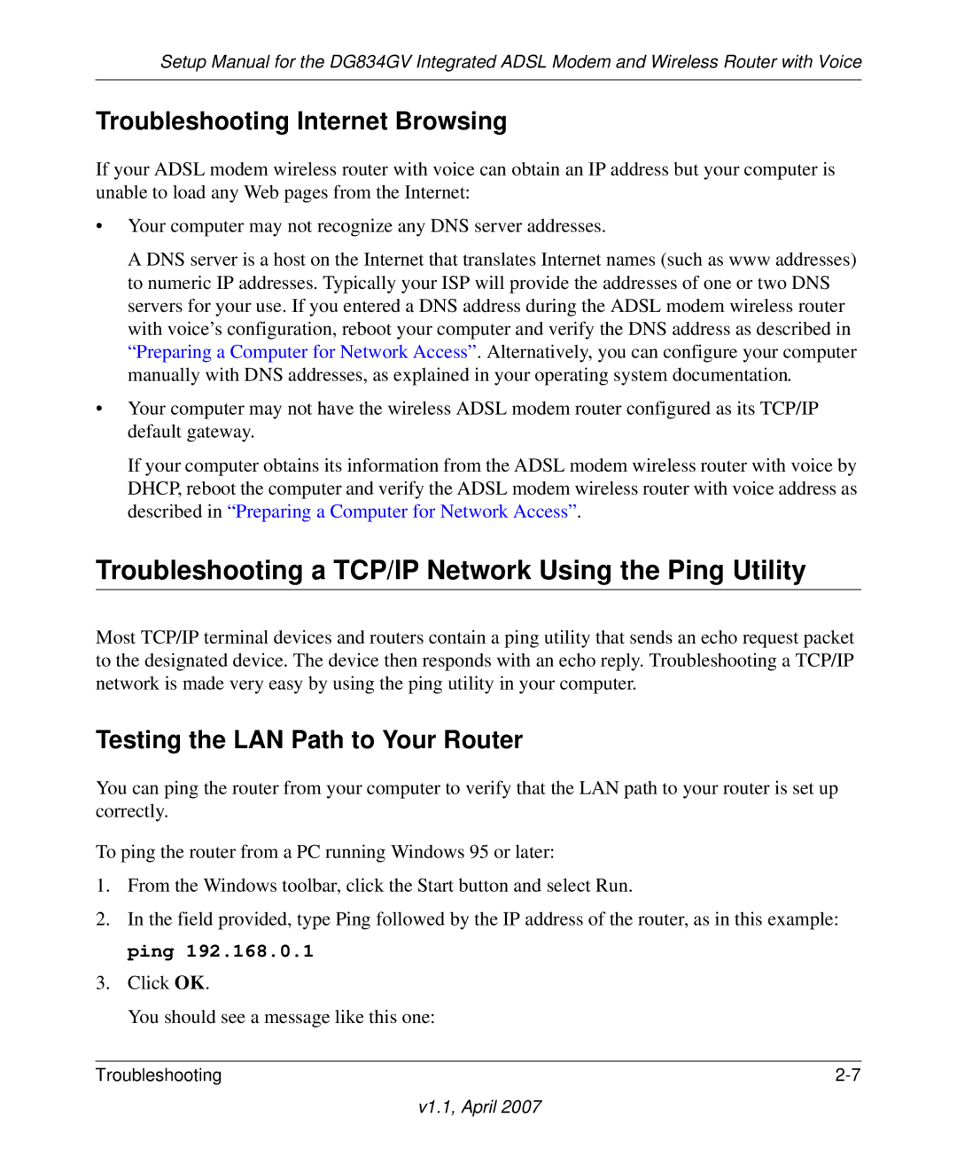 ADTRAN DG834GV manual Troubleshooting a TCP/IP Network Using the Ping Utility, Troubleshooting Internet Browsing 