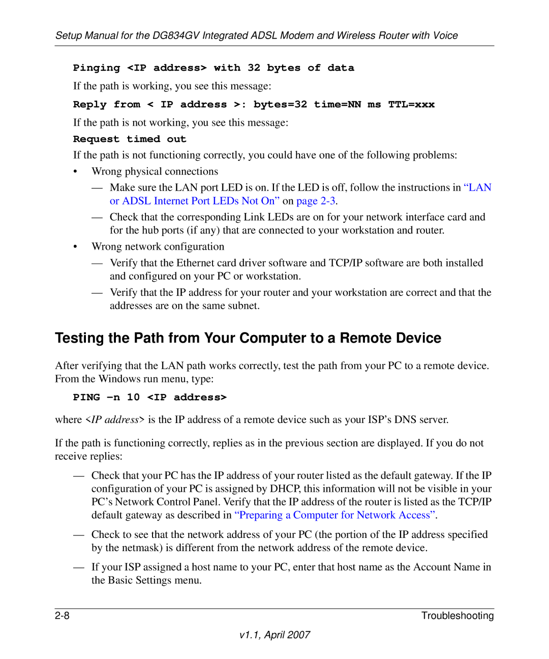 ADTRAN DG834GV manual Testing the Path from Your Computer to a Remote Device, Request timed out 