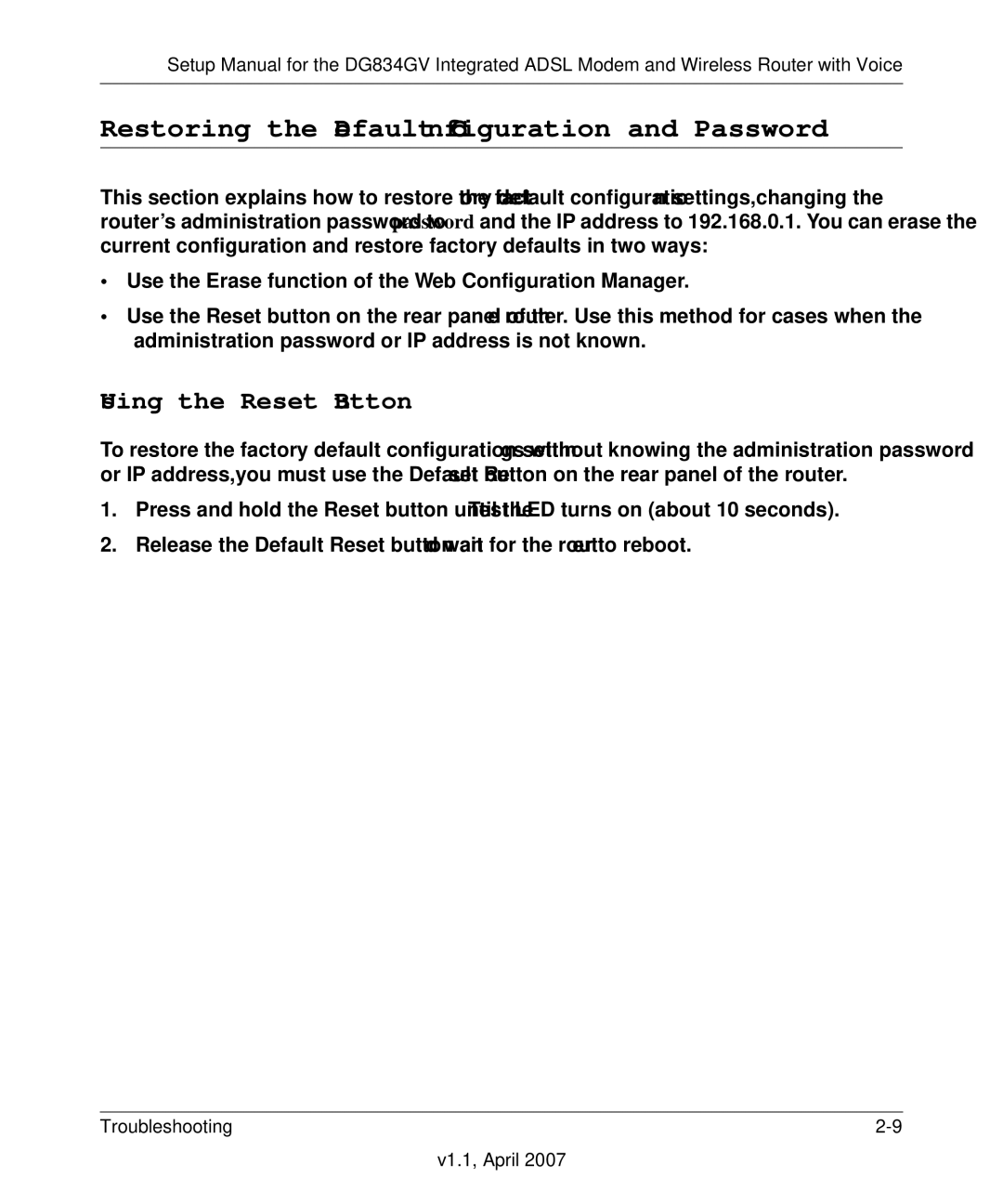 ADTRAN DG834GV manual Restoring the Default Configuration and Password, Using the Reset Button 