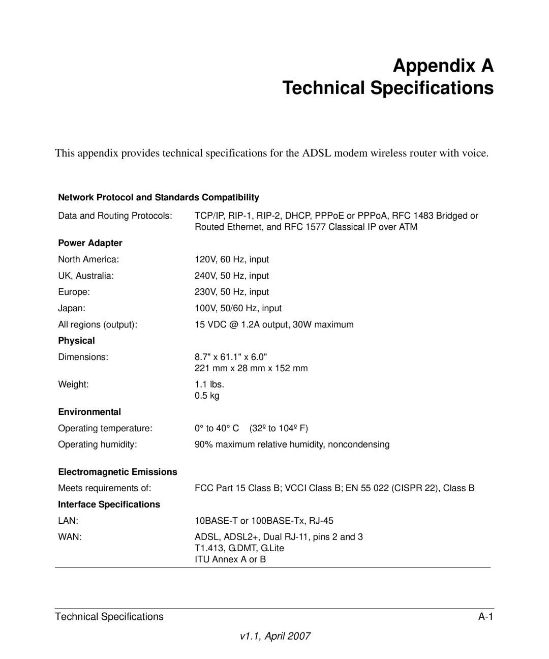 ADTRAN DG834GV manual Appendix a Technical Specifications, Network Protocol and Standards Compatibility 