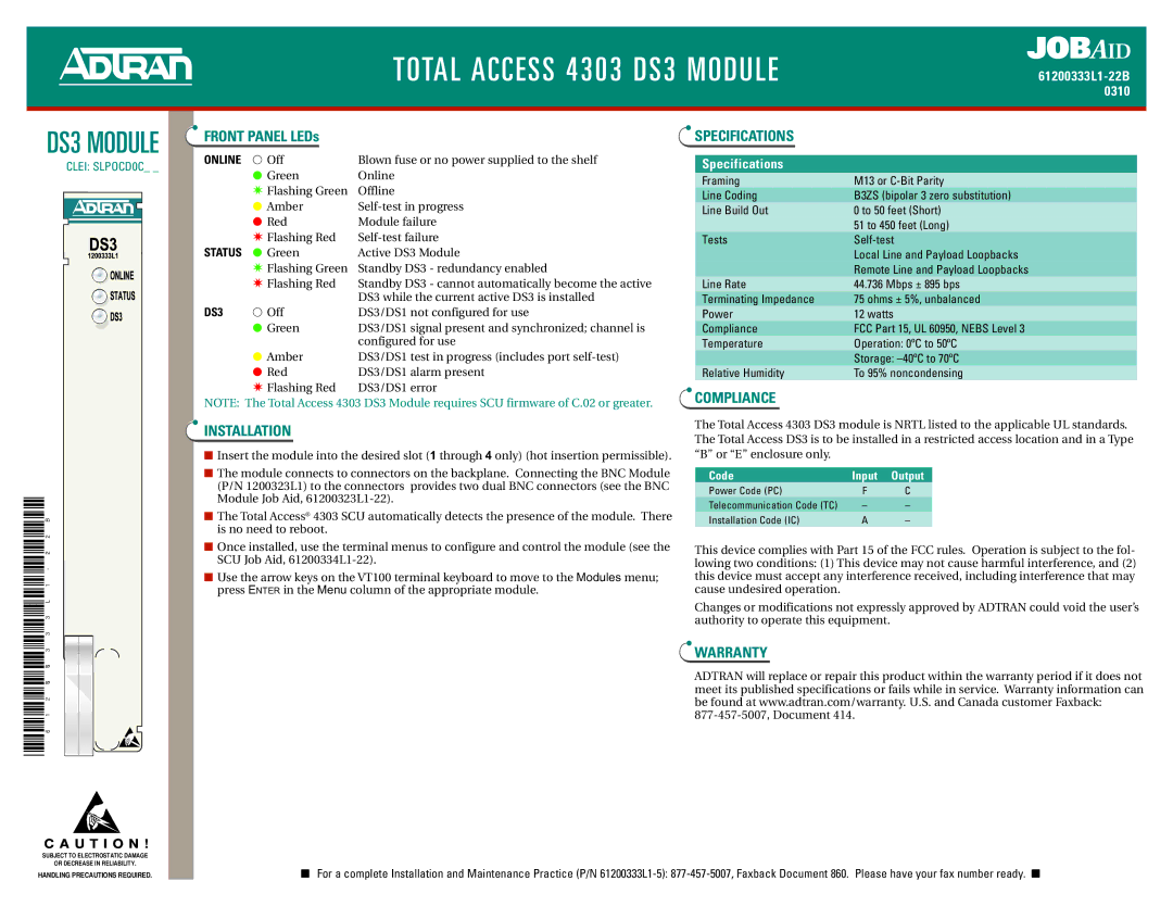 ADTRAN DS3 specifications Installation Specifications, Compliance, Warranty 