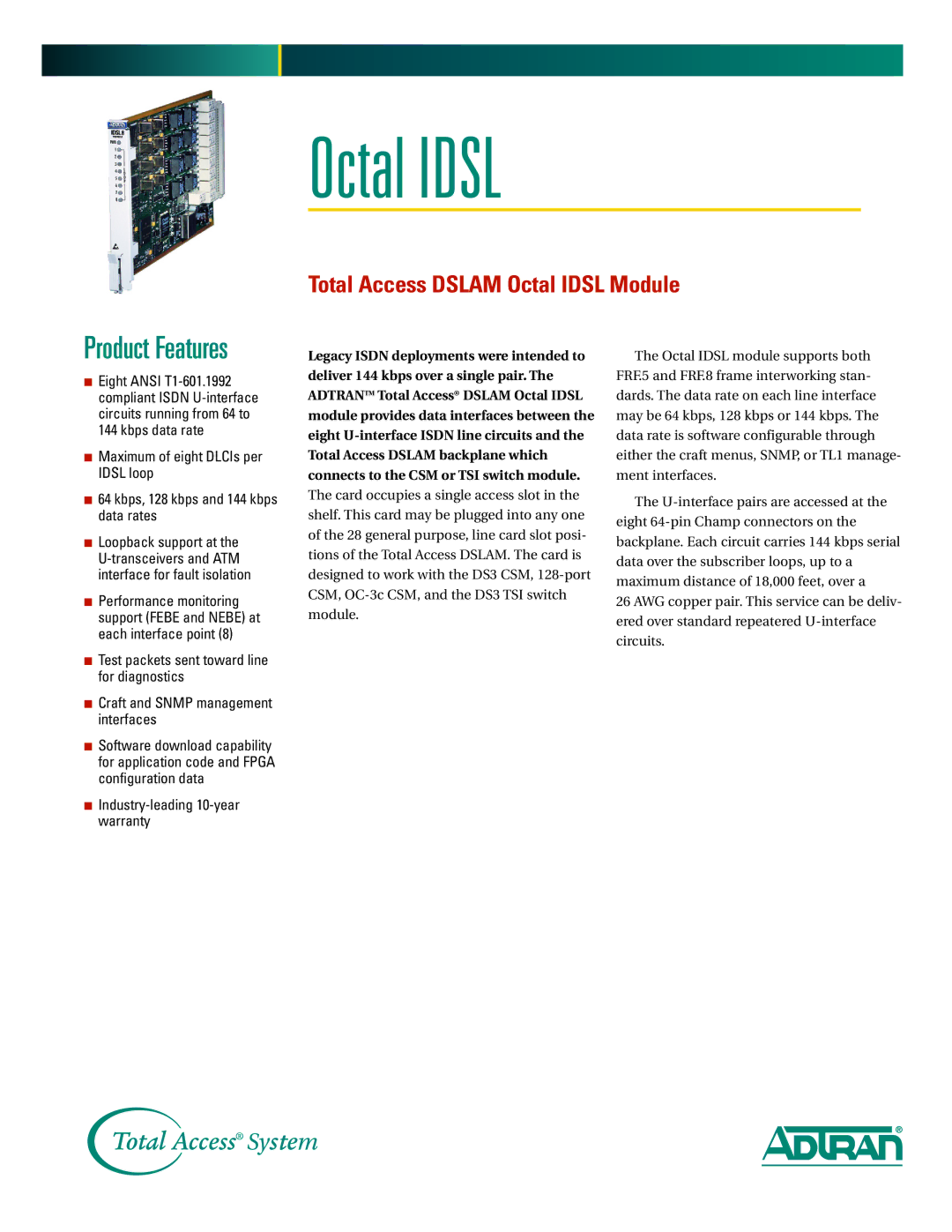 ADTRAN DSLAM Octal IDSL warranty Octal Idsl 