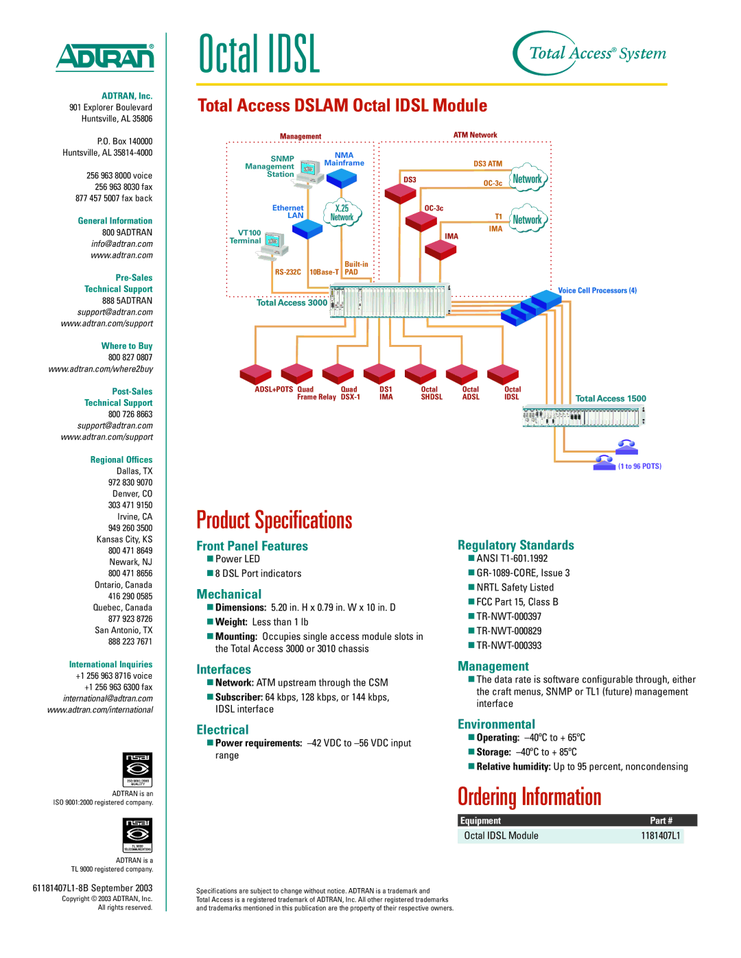 ADTRAN DSLAM Octal IDSL warranty Product Specifications, Ordering Information 