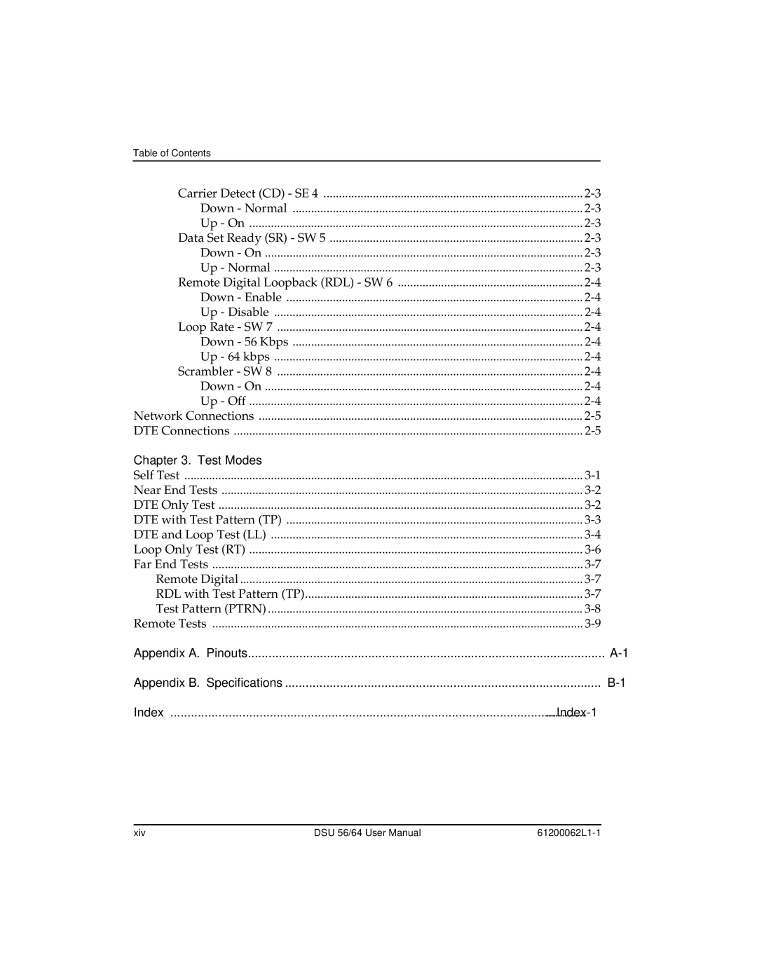 ADTRAN DSU 56 user manual Appendix A. Pinouts Appendix B. Specifications Index Index-1 