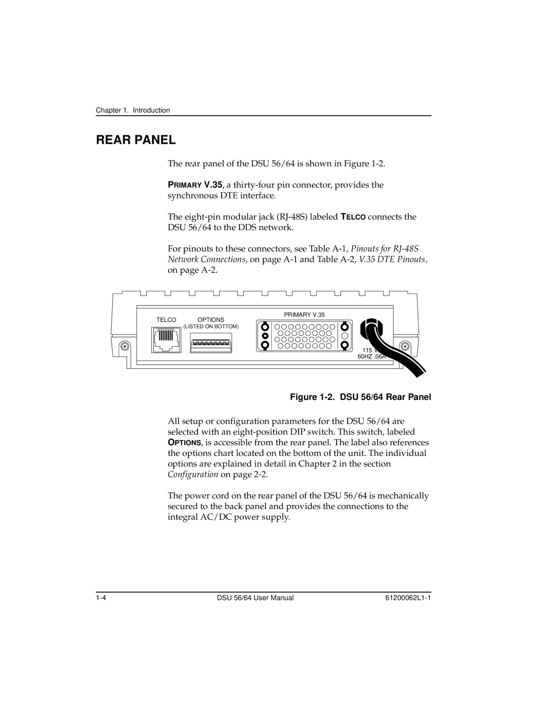 ADTRAN user manual DSU 56/64 Rear Panel 