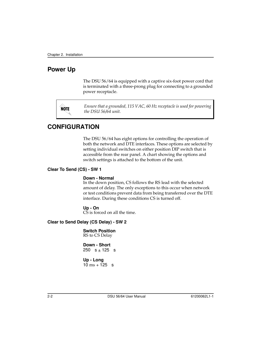 ADTRAN DSU 56 Configuration, Clear To Send CS SW Down Normal, Up On, Clear to Send Delay CS Delay SW Switch Position 
