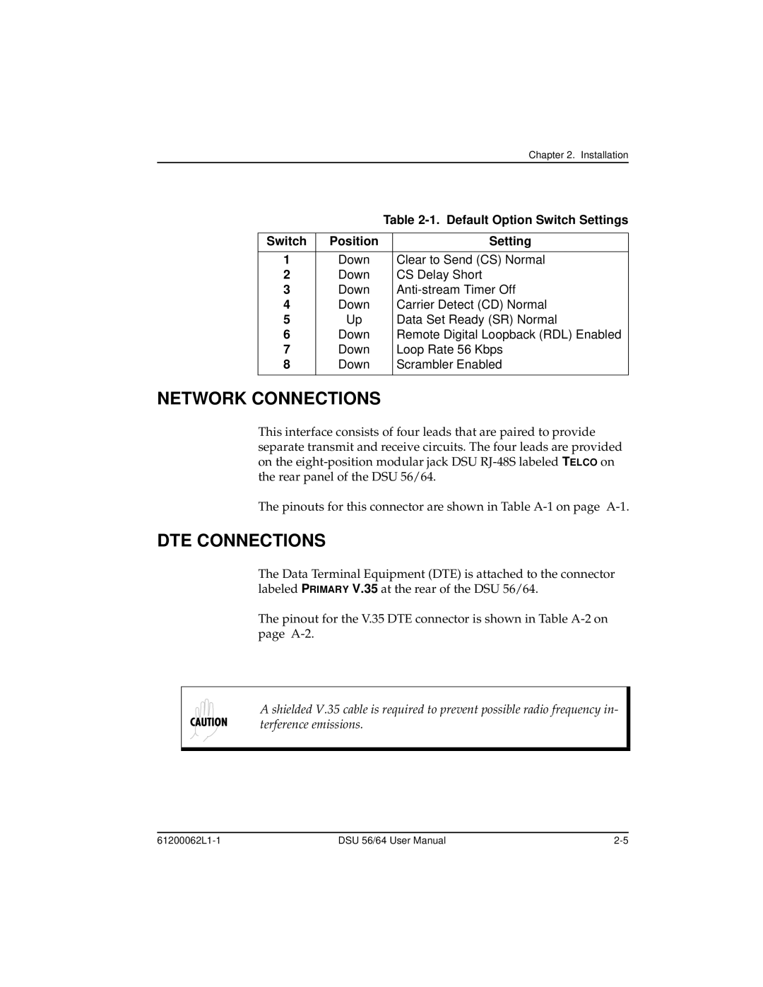 ADTRAN DSU 56 user manual Network Connections, DTE Connections, Default Option Switch Settings, Switch Position Setting 