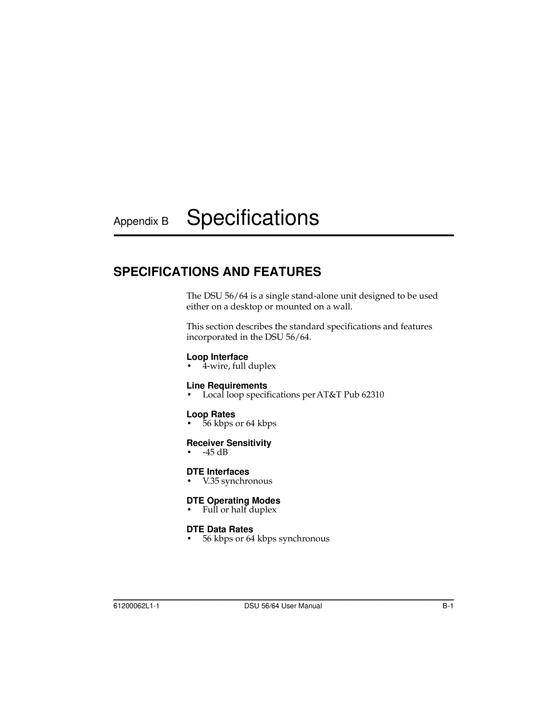 ADTRAN DSU 56 user manual Appendix B Specifications, Specifications and Features 