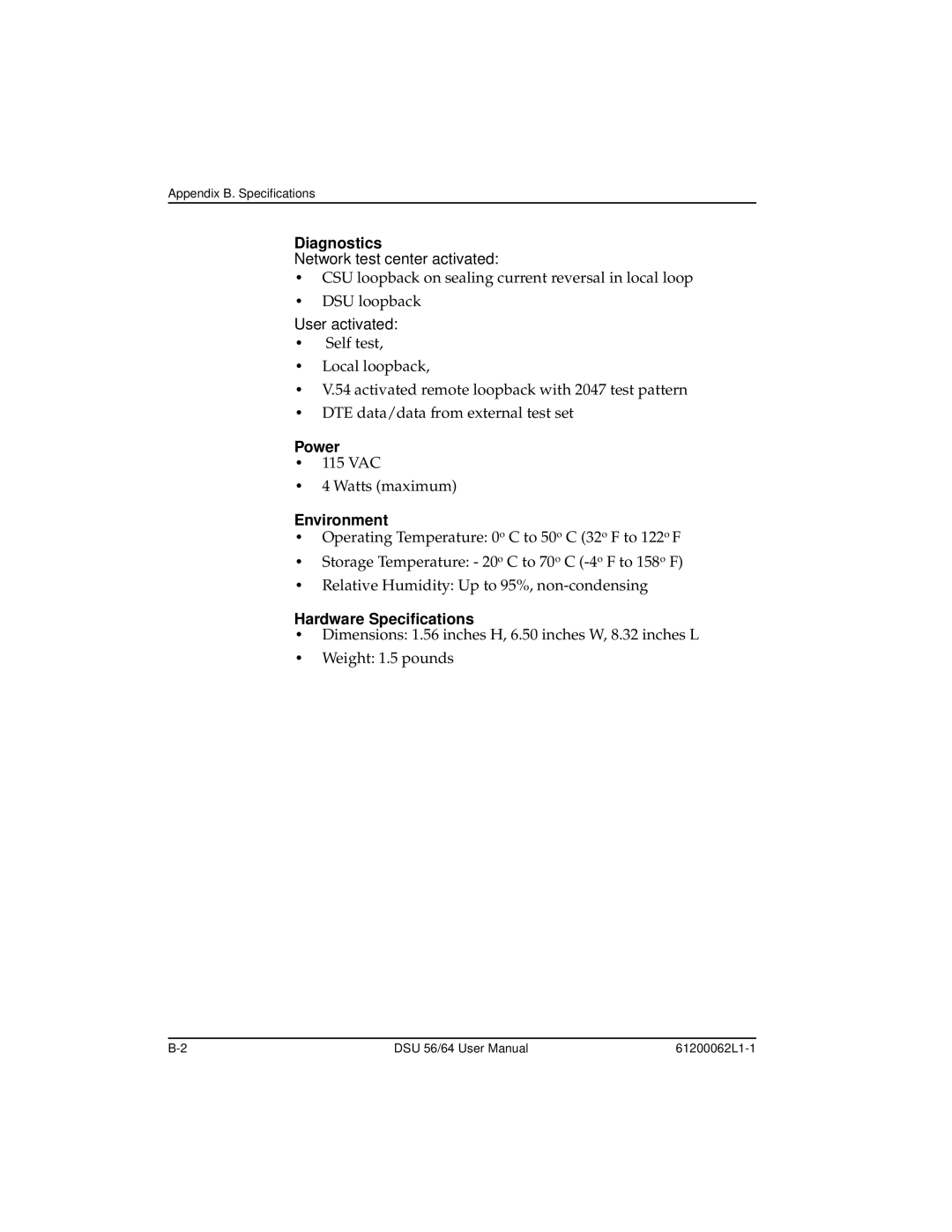 ADTRAN DSU 56 user manual Diagnostics, Power, Environment, Hardware Specifications 