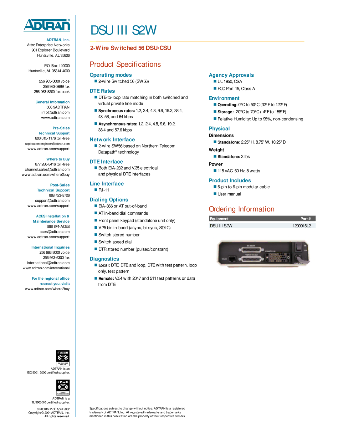 ADTRAN DSU III S2W warranty Product Specifications, Ordering Information 