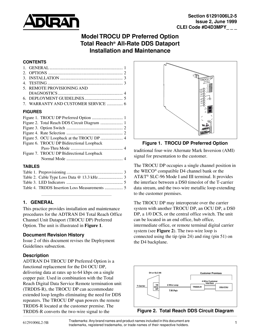 ADTRAN TROCU DP, DSU/CSU warranty L2-5 Issue 2, June Clei Code #D4D3MPY, General, Document Revision History, Description 