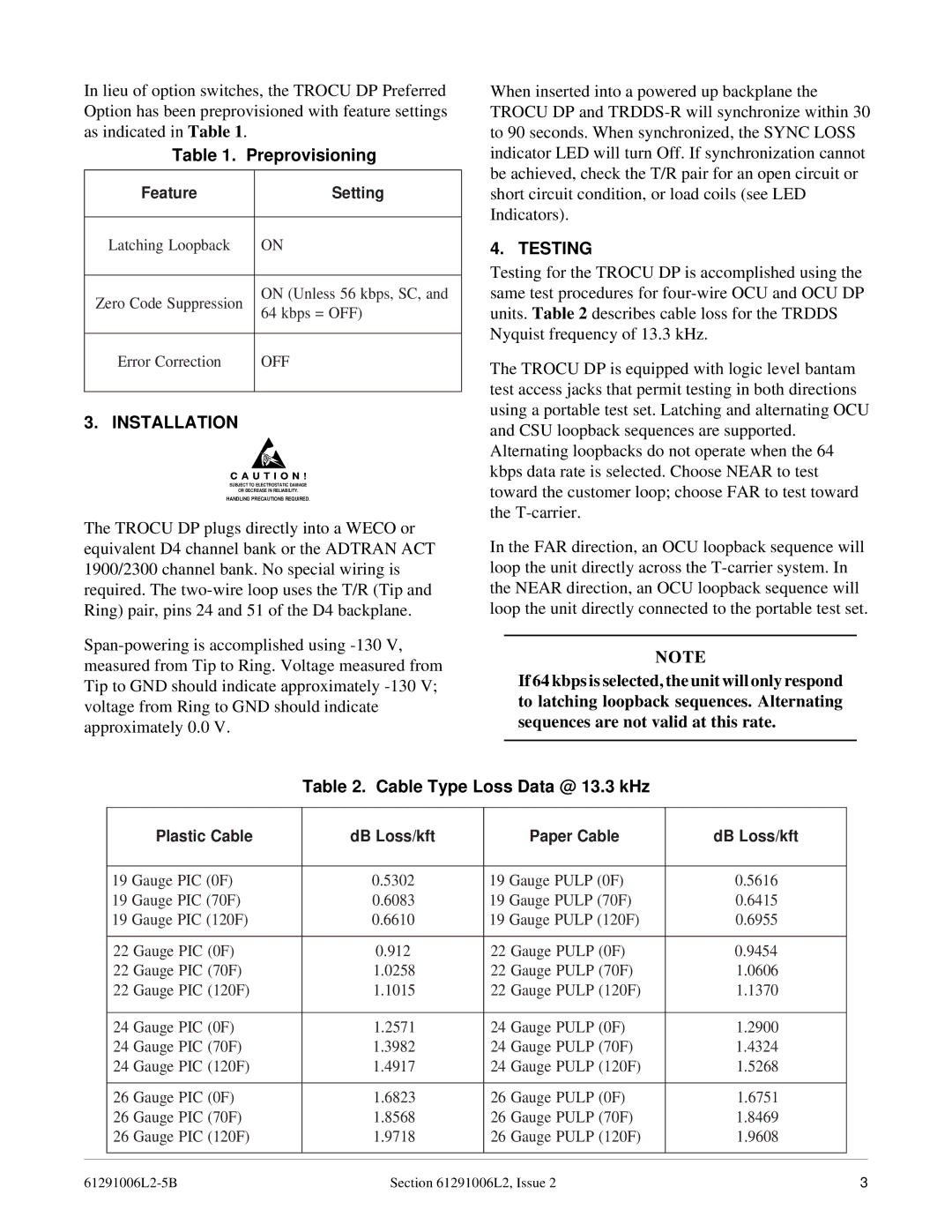 ADTRAN TROCU DP, DSU/CSU warranty Preprovisioning, Installation, Testing, Cable Type Loss Data @ 13.3 kHz 