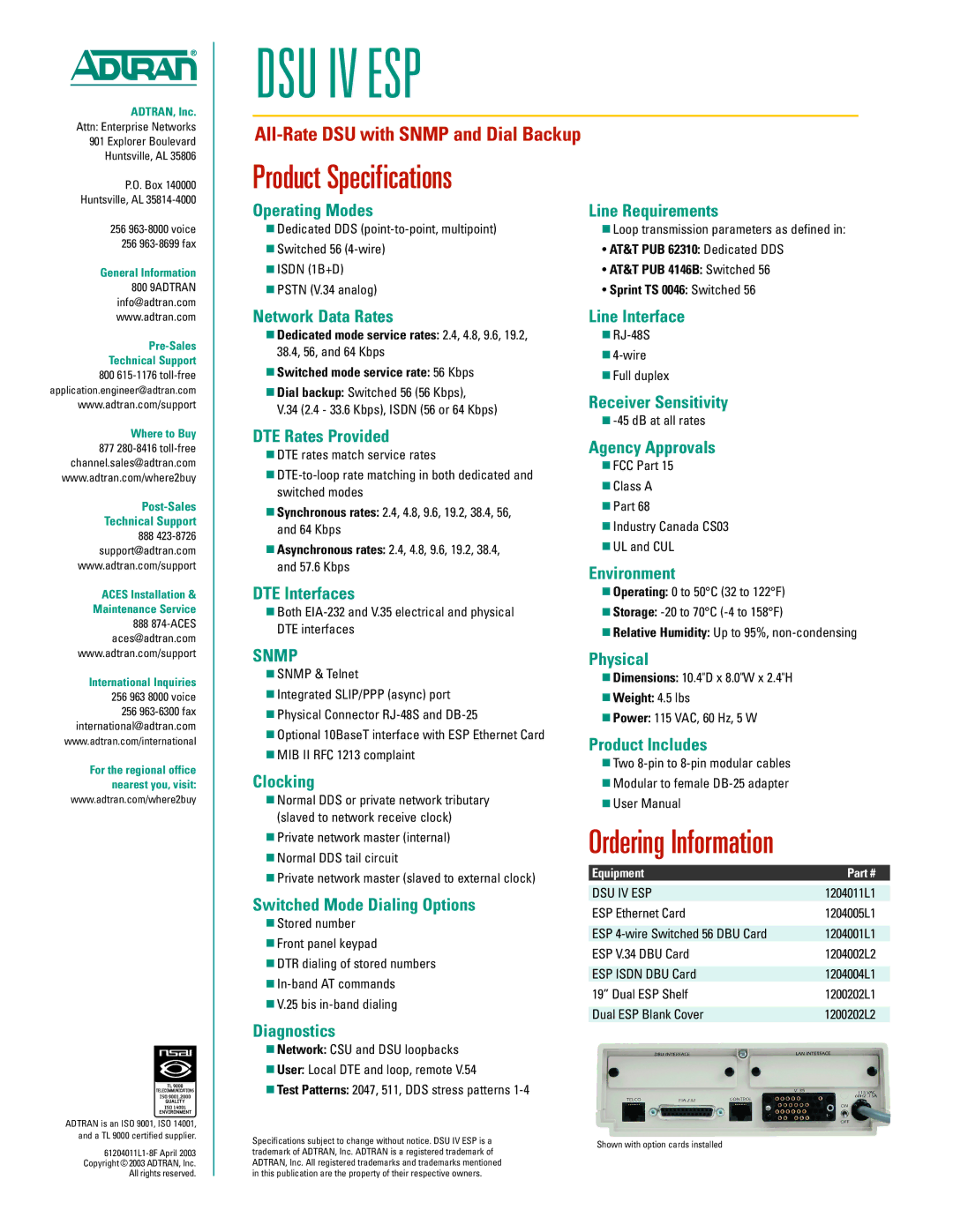 ADTRAN DSUIVESP Operating Modes Line Requirements, Network Data Rates, DTE Rates Provided, DTE Interfaces, Clocking 