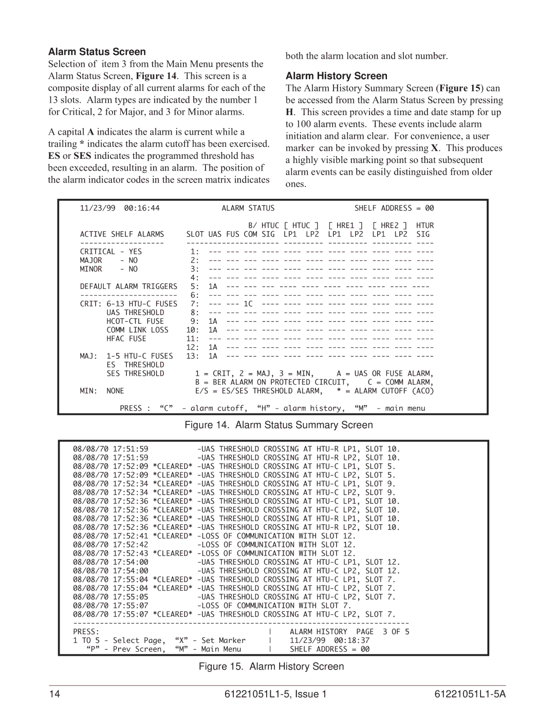 ADTRAN E220 HFAC HDSL2 specifications Alarm Status Screen, Alarm History Screen 