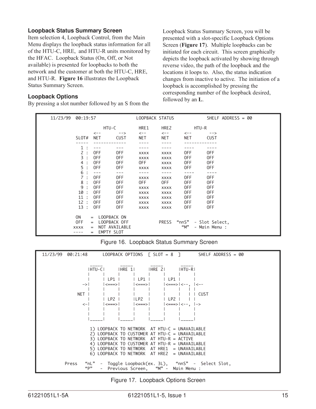 ADTRAN E220 HFAC HDSL2 specifications Loopback Status Summary Screen, Loopback Options 