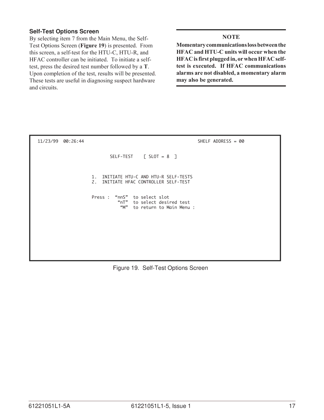 ADTRAN E220 HFAC HDSL2 specifications Self-Test Options Screen 61221051L1-5A 61221051L1-5, Issue 