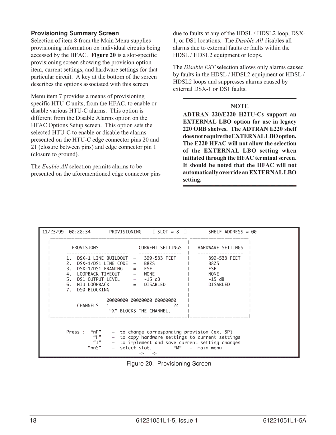 ADTRAN E220 HFAC HDSL2 specifications Provisioning Summary Screen, Provisioning Screen 61221051L1-5, Issue 61221051L1-5A 