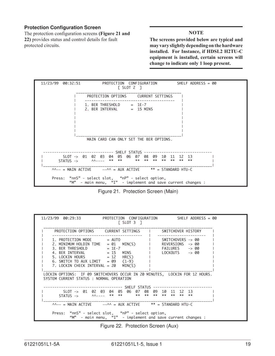 ADTRAN E220 HFAC HDSL2 specifications Protection Configuration Screen, Protection Screen Main 