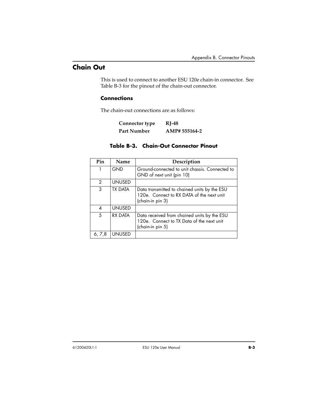 ADTRAN ESU 120e user manual Chain Out, Connections, Table B-3. Chain-Out Connector Pinout 