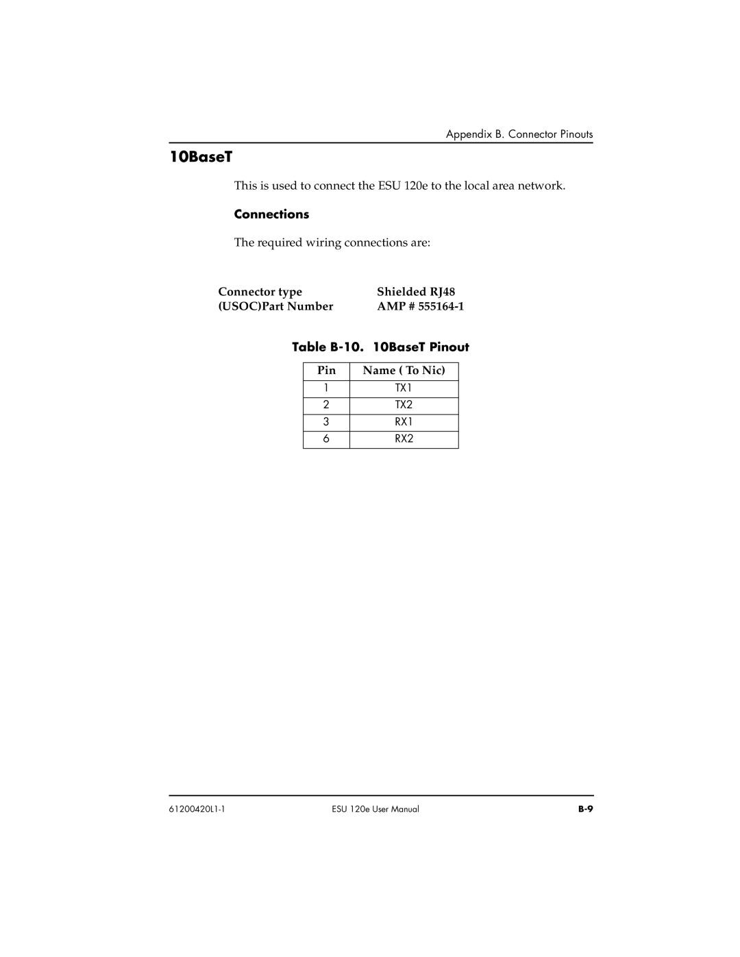 ADTRAN ESU 120e 10BaseT, Connector type Shielded RJ48 USOCPart Number AMP #, Table B-10 BaseT Pinout, Pin Name To Nic 
