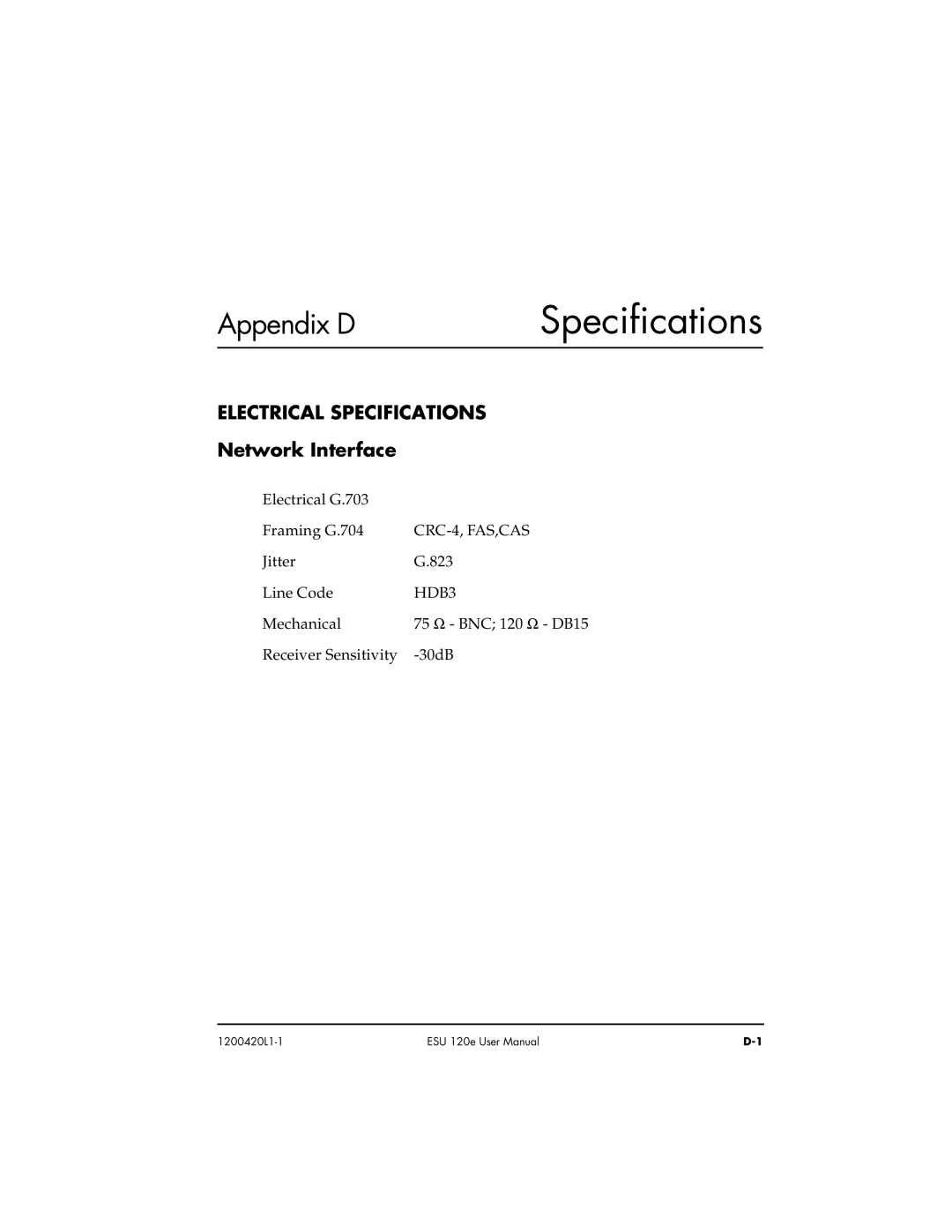 ADTRAN ESU 120e user manual Electrical Specifications, Network Interface, CRC-4, FAS,CAS, HDB3 