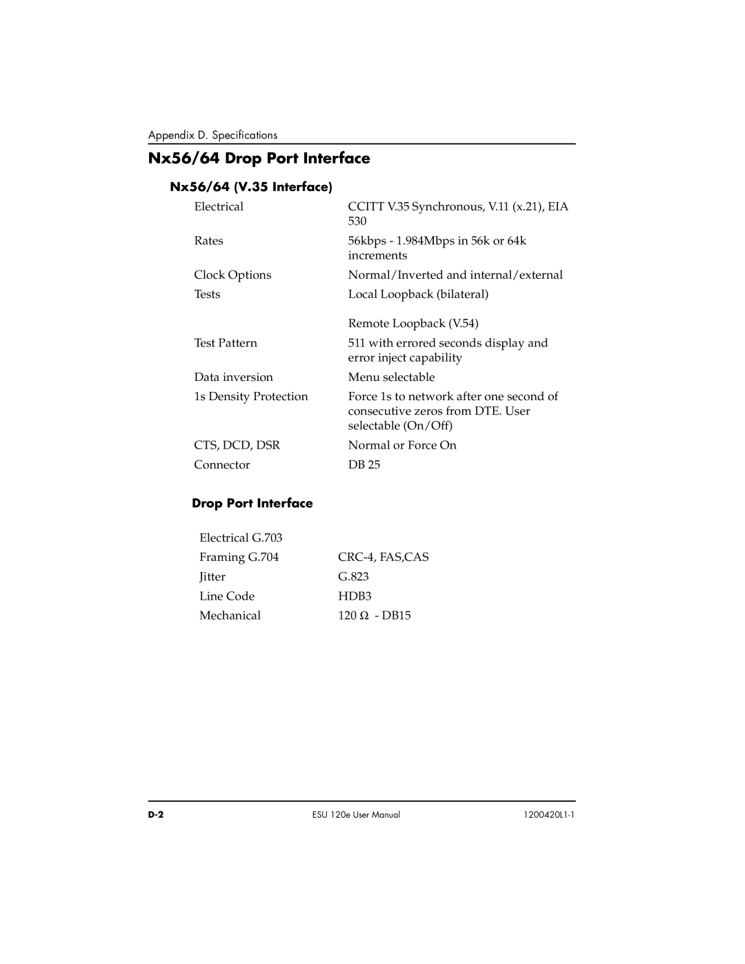 ADTRAN ESU 120e user manual Nx56/ 64 D rop Port Interface, Nx56/ 64 V.35 Interface, Cts, Dcd, Dsr, Rop Port Interface 